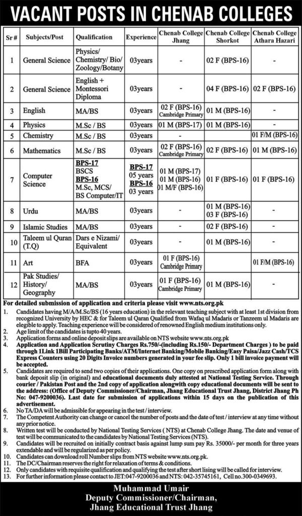 VACANT POSTS IN CHENAB COLLEGES Jobs 2024 NTS