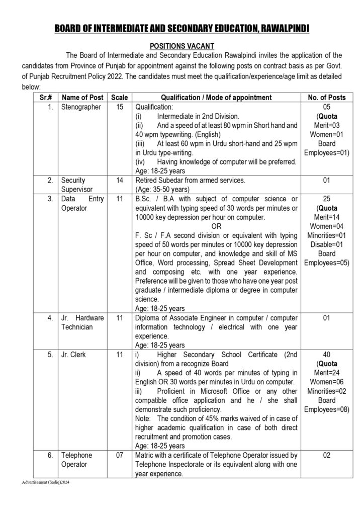 BISE Rawalpindi jobs NTS