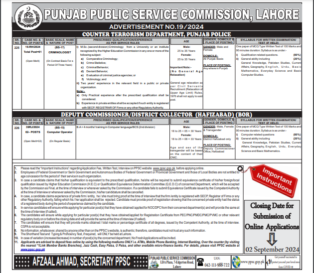 Punjab Public Service Commission Lahore Jobs Advertisement No 19/2024