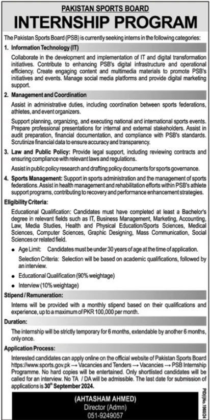 Pakistan Sports Board PSB Internship Program 2024