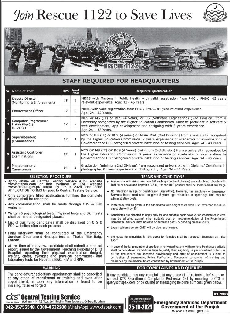 Emergency Service Rescue 1122 Punjab Jobs 2024